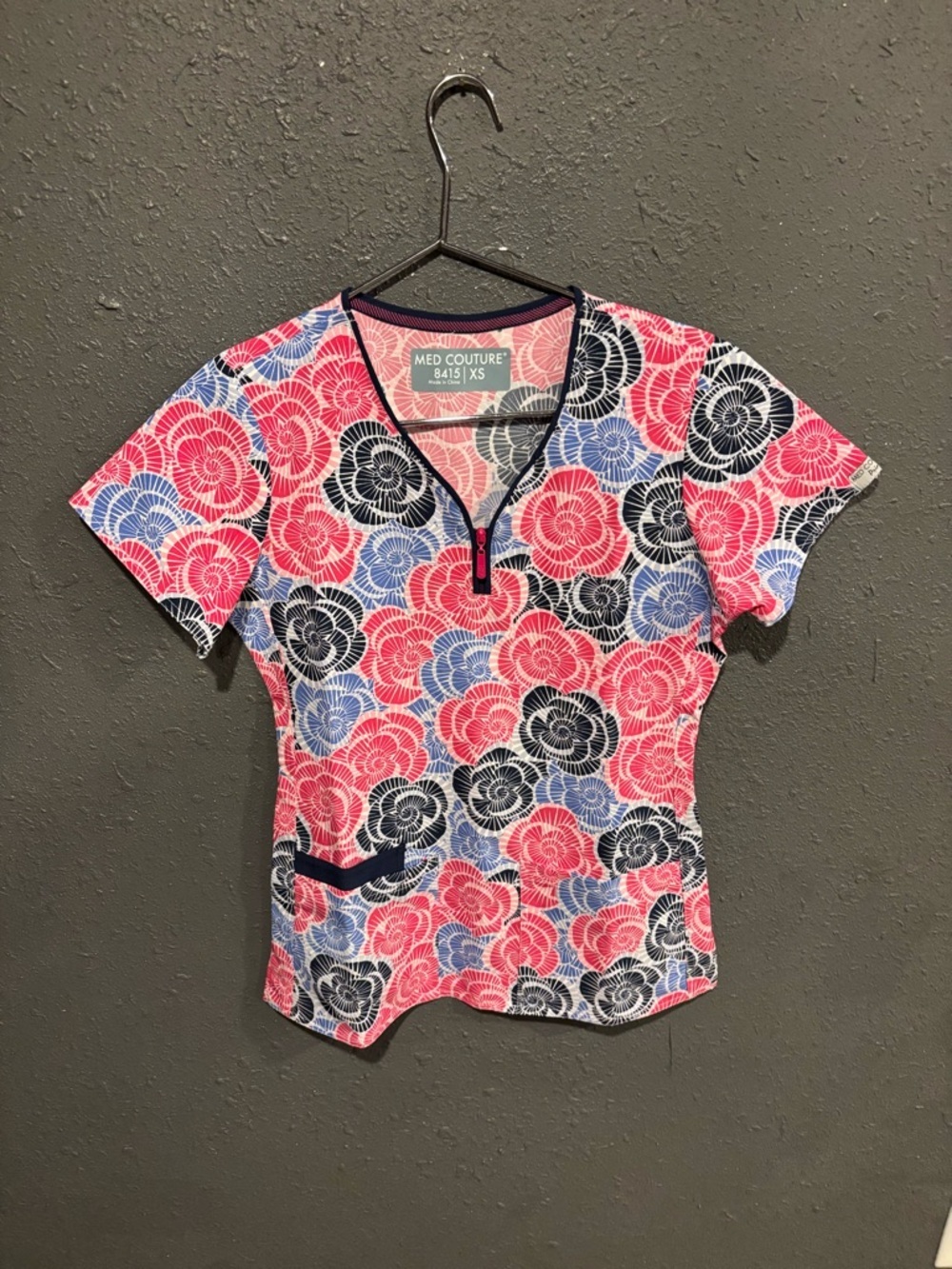 Med Couture Pink, Blue & Black Floral Print Short Sleeve Scrub Top
